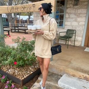 stone faux leather borg teddy mix oversized sweater dress